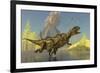 Yangchuanosaurus Dinosaurs Running across a Stream as a Volcano Erupts-null-Framed Art Print