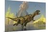 Yangchuanosaurus Dinosaurs Running across a Stream as a Volcano Erupts-null-Mounted Art Print