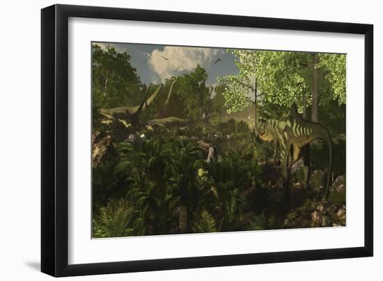 Yangchuanosaurus Spies on a Group of Mamenchisaurus-null-Framed Art Print