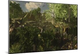 Yangchuanosaurus Spies on a Group of Mamenchisaurus-null-Mounted Art Print