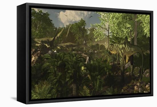 Yangchuanosaurus Spies on a Group of Mamenchisaurus-null-Framed Stretched Canvas