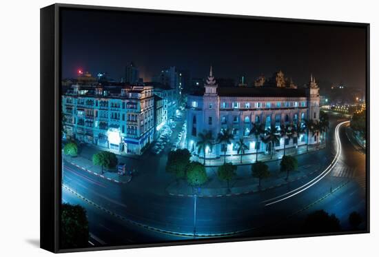 Yangon Myanmar, Night Cityscape Panorama with Sule Pagoda-SergWSQ-Framed Stretched Canvas