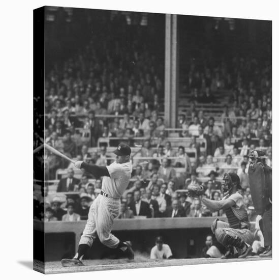 Yankee Mickey Mantle in Action, Swinging Bat with Catcher and Umpire Behind Him-Grey Villet-Stretched Canvas