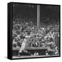 Yankee Mickey Mantle in Action, Swinging Bat with Catcher and Umpire Behind Him-Grey Villet-Framed Stretched Canvas