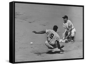 Yankee Phil Rizzuto Waiting to Catch the Ball During the American League Pennant Race-Grey Villet-Framed Stretched Canvas