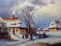 Oil Painting, Landscape of Winter Village-Yarikart-Laminated Art Print