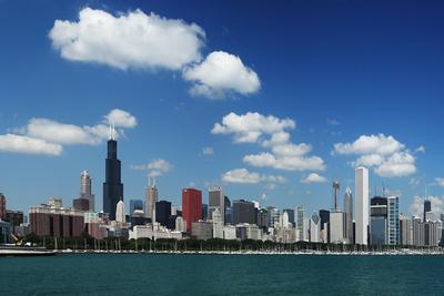 Chicago Daytime Skyline View from the Lake Michigan under Blue Sky. Panoramic View.
