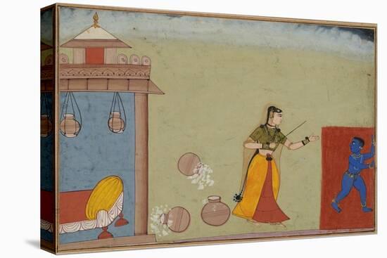 Yashoda Chastises Her Foster Son, Krishna, page from a manuscript of the Bhagavata Purana, c.1600-Indian School-Stretched Canvas