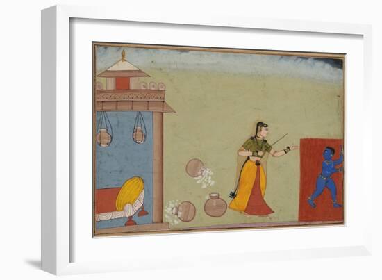 Yashoda Chastises Her Foster Son, Krishna, page from a manuscript of the Bhagavata Purana, c.1600-Indian School-Framed Giclee Print