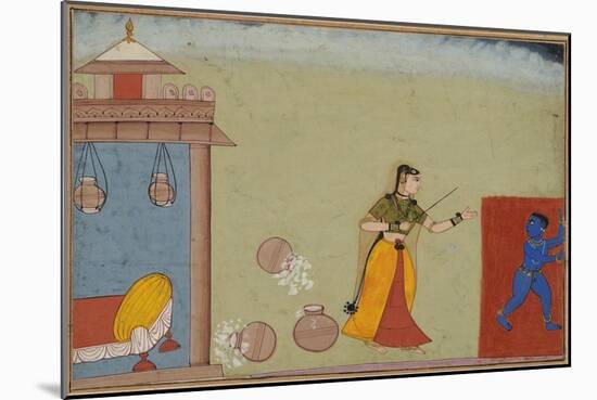 Yashoda Chastises Her Foster Son, Krishna, page from a manuscript of the Bhagavata Purana, c.1600-Indian School-Mounted Giclee Print