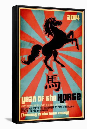 Year Of The Horse Poster - Chinese Zodiac Card With The Rearing Horse And Chinese Character Fo-LanaN.-Framed Stretched Canvas