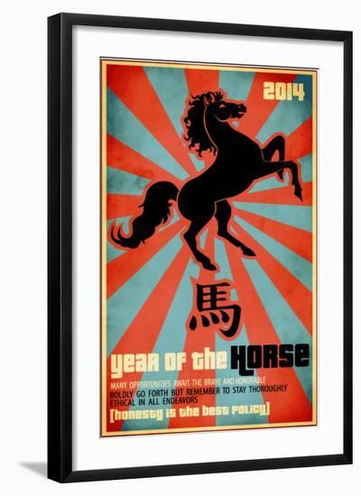 Year Of The Horse Poster - Chinese Zodiac Card With The Rearing Horse And Chinese Character Fo-LanaN.-Framed Art Print