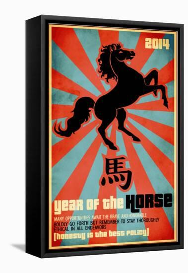 Year Of The Horse Poster - Chinese Zodiac Card With The Rearing Horse And Chinese Character Fo-LanaN.-Framed Stretched Canvas