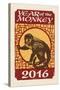 Year of the Monkey - 2016 - Woodblock-Lantern Press-Stretched Canvas