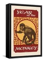 Year of the Monkey - Woodblock-Lantern Press-Framed Stretched Canvas