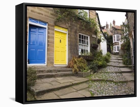 Yellow and Blue Doors on Houses in the Opening, Robin Hood's Bay, England-Pearl Bucknall-Framed Stretched Canvas
