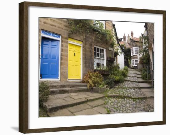 Yellow and Blue Doors on Houses in the Opening, Robin Hood's Bay, England-Pearl Bucknall-Framed Photographic Print