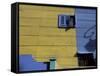 Yellow and Blue Walls with Shadow of a Street Light, La Boca, Buenos Aires, Argentina-Lin Alder-Framed Stretched Canvas