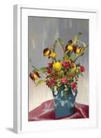 Yellow and Red Flowers in Blue Vase-null-Framed Art Print