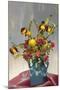 Yellow and Red Flowers in Blue Vase-null-Mounted Art Print