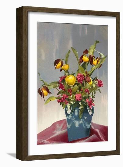 Yellow and Red Flowers in Blue Vase-null-Framed Art Print