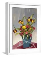 Yellow and Red Flowers in Blue Vase-null-Framed Art Print