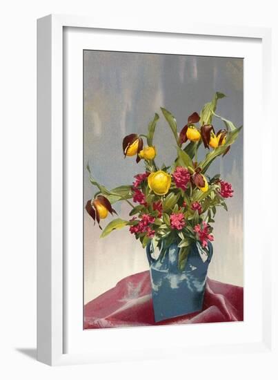 Yellow and Red Flowers in Blue Vase-null-Framed Art Print