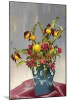 Yellow and Red Flowers in Blue Vase-null-Mounted Art Print