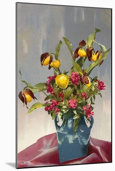 Yellow and Red Flowers in Blue Vase-null-Mounted Art Print