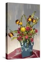 Yellow and Red Flowers in Blue Vase-null-Stretched Canvas