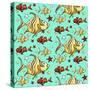 Yellow Angel Fish and Clownfish - Teal-Megan Aroon Duncanson-Stretched Canvas