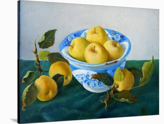 yellow apples in blue and white bowl-Cristiana Angelini-Stretched Canvas