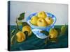 yellow apples in blue and white bowl-Cristiana Angelini-Stretched Canvas