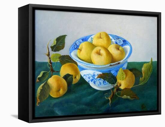 yellow apples in blue and white bowl-Cristiana Angelini-Framed Stretched Canvas