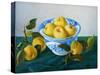 yellow apples in blue and white bowl-Cristiana Angelini-Stretched Canvas