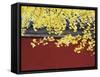 Yellow Autumn Coloured Leaves Against a Red Wall in Ritan Park, Beijing, China-Kober Christian-Framed Stretched Canvas