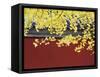 Yellow Autumn Coloured Leaves Against a Red Wall in Ritan Park, Beijing, China-Kober Christian-Framed Stretched Canvas