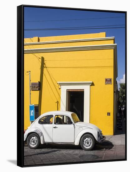 Yellow building and white VW bug, Oaxaca, Mexico, North America-Melissa Kuhnell-Framed Stretched Canvas