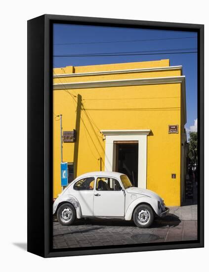 Yellow building and white VW bug, Oaxaca, Mexico, North America-Melissa Kuhnell-Framed Stretched Canvas