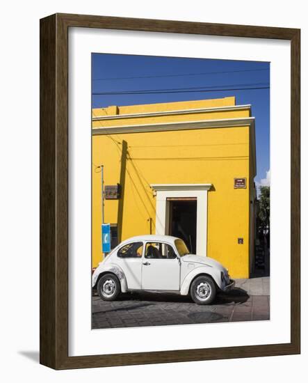 Yellow building and white VW bug, Oaxaca, Mexico, North America-Melissa Kuhnell-Framed Photographic Print