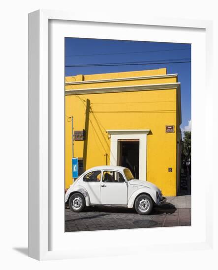 Yellow building and white VW bug, Oaxaca, Mexico, North America-Melissa Kuhnell-Framed Photographic Print