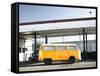 Yellow Bus and Deserted Gas Station, Page, Arizona-Kevin Lange-Framed Stretched Canvas