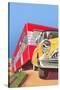 Yellow Car Pulling Red Trailer-null-Stretched Canvas