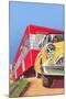 Yellow Car Pulling Red Trailer-null-Mounted Art Print
