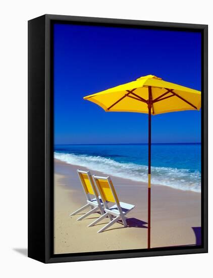 Yellow Chairs and Umbrella on Pristine Beach, Caribbean-Greg Johnston-Framed Stretched Canvas