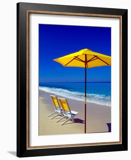 Yellow Chairs and Umbrella on Pristine Beach, Caribbean-Greg Johnston-Framed Photographic Print