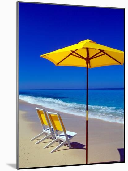 Yellow Chairs and Umbrella on Pristine Beach, Caribbean-Greg Johnston-Mounted Photographic Print