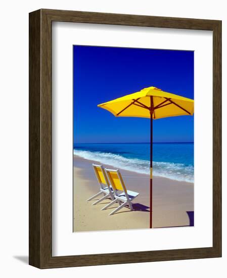 Yellow Chairs and Umbrella on Pristine Beach, Caribbean-Greg Johnston-Framed Photographic Print