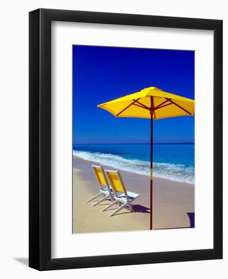 Yellow Chairs and Umbrella on Pristine Beach, Caribbean-Greg Johnston-Framed Photographic Print