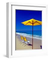 Yellow Chairs and Umbrella on Pristine Beach, Caribbean-Greg Johnston-Framed Photographic Print